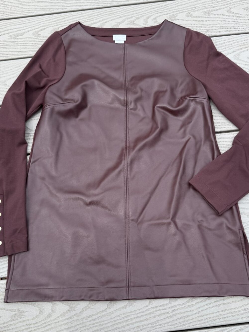 Chico's Top Size 0 Small Brown Faux Leather Ponte Long Sleeve Tunic